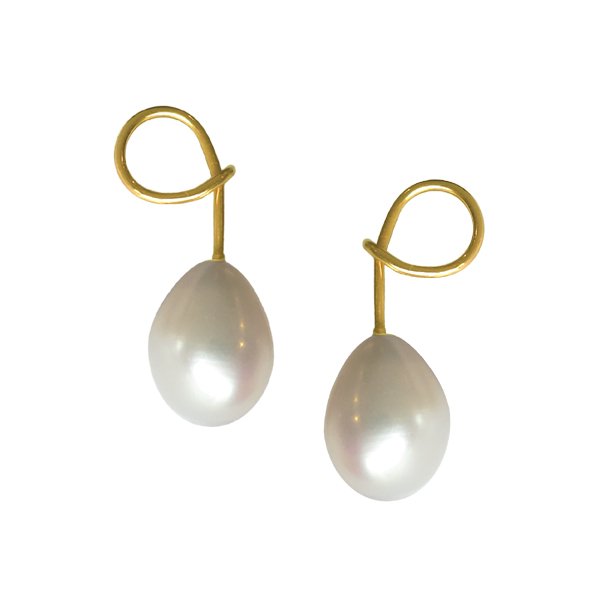 Serpent White Drop Pearl Earrings in Yellow Gold